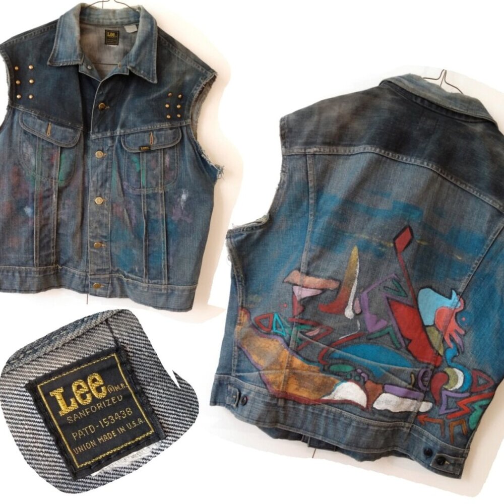Vintage Denim Jean Jacket Vest Hand Painted XL 46" Chest "Lee Riders" - Picture 1 of 11